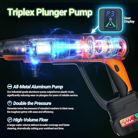 1200PSI Cordless Pressure Washer, 2X 6.0Ah Battery Power Washer with Triplex Plunger Pump & Pressure Settings, 500W Brushless Motor for Car Washing, Home Cleaning, Patio, Driveway