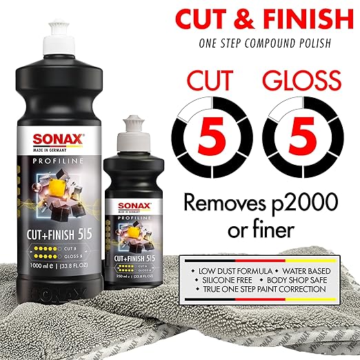 SONAX Cut & Finish 225300 | High Performing Polish/Compound | Rated 5 Cut & 5 Gloss | Removes Paint Defects, P1500 Sanding Marks & Water Spots | Long Work Time & Easy Wipe-Off | Silicone-Free | 1000ml