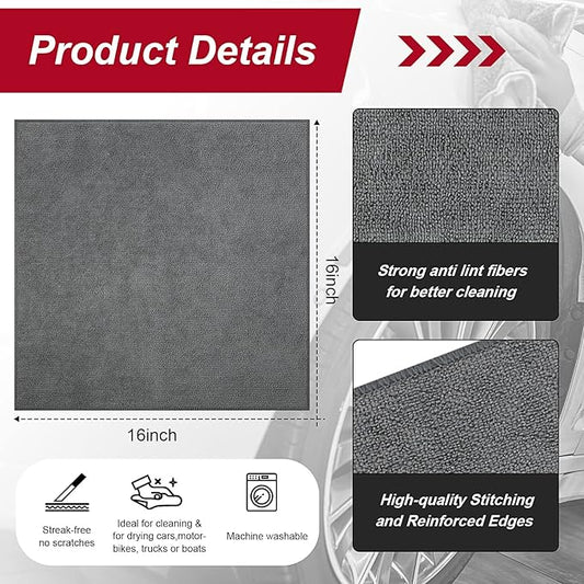 Oudain 16 Pcs Microfiber Cleaning Cloth 16x16 Inch Microfiber Towels for Car Ultra Absorbent Cleaning Rags Reusable Lint Free Streak Free Detailing Towel for Car Washing Drying Dusting (Gray)
