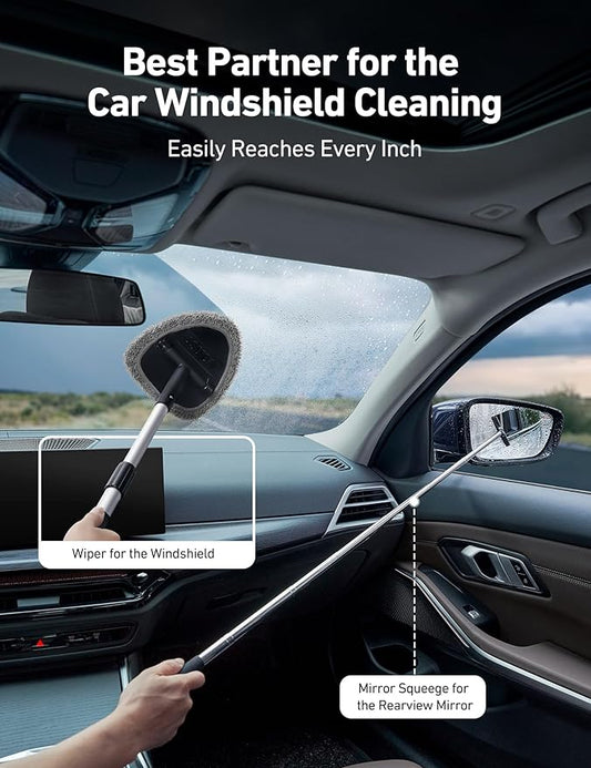 AstroAI Car Windshield Cleaner Tool, Window Cleaning Kit with 39in Car Mirror Squeegee, 4 Reusable Microfiber Pads and Extendable Handle, Gray