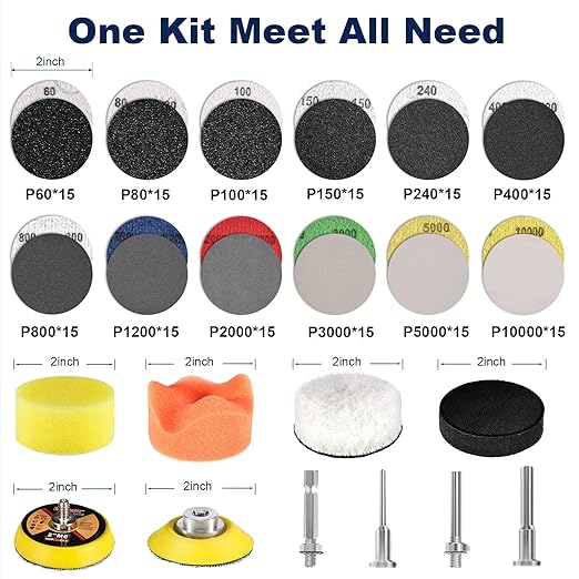 189 Pieces 2 Inch Sanding Discs, GOH DODD Hook and Loop Sanding Pads 60 to 10000 Grit Wet Dry Sandpaper with 1/8" 1/4” Shank, Backing Pad, Polishing Pads and Interface Pad for Auto Metal Resin Wood