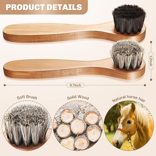4 Pcs Horsehair Shine Shoes Brush Kit Polish Dauber Applicators Cleaning Leather Shoes Boots Care Brushes Suede Cleaner Brush with Microfiber Shoe Cloth(Wooden Handle B)