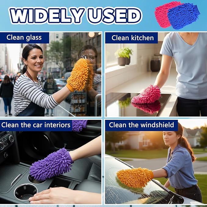 16 Pcs Microfiber Car Wash Mitts, Scratch Free Chenille Microfiber Wash Mitt Double Sided Ultra Absorbent Car Sponge Glove for Cars Wheel Trucks Home Cleaning(7.5'' x 10.2'')