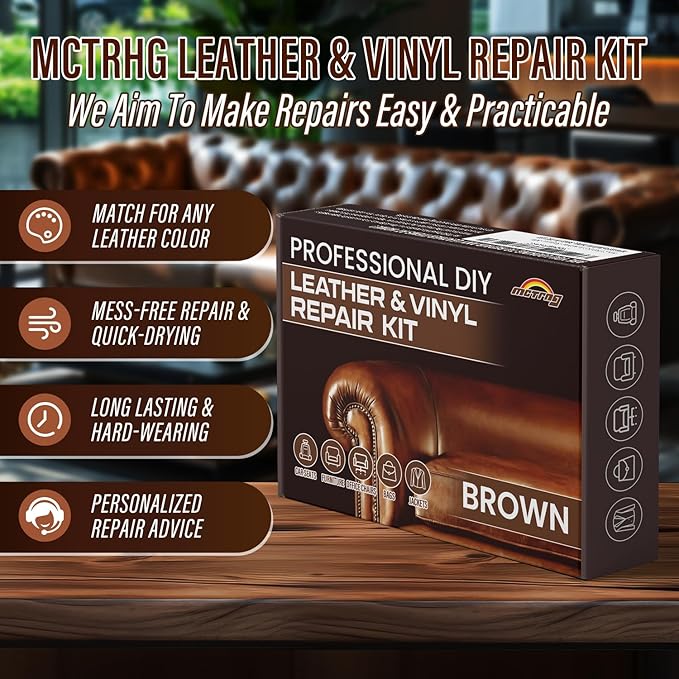 Brown Leather & Vinyl Repair Kit, Leather Repair Kit for Sofa, Jacket, Car Seats, Purse, Easily Restores Cat Scratch, Rips, Tears, Cracks, Holes on Faux, Artificial, Genuine Pleather & Any Material