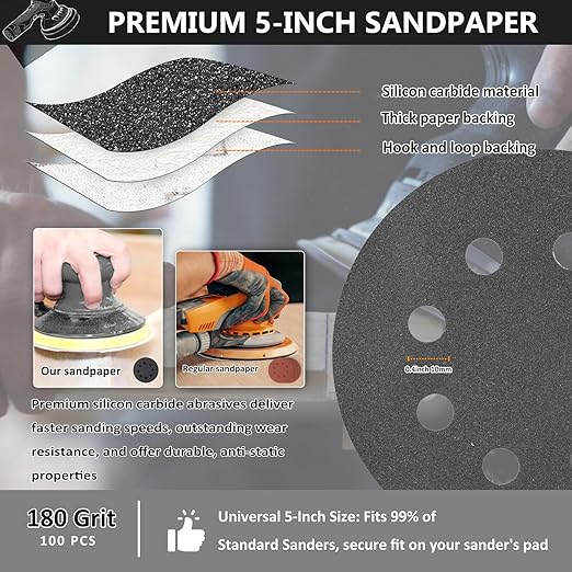 100PCS 5 Inch Hook and Loop Sanding Discs 180 Grit, 8 Hole Wet Dry Orbital Sander Sand Paper, Silicon Carbide Sandpaper for Automotive Wood Metal Glass