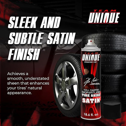 TEAM UNIQUE Tire Shine Satin – 18.6 Fl Oz (550mL) Pack of 12 | Advanced Formula for a Lasting Satin Sheen | Protects Tires from Cracking and Fading | Non-Greasy, Low-Sling Spray