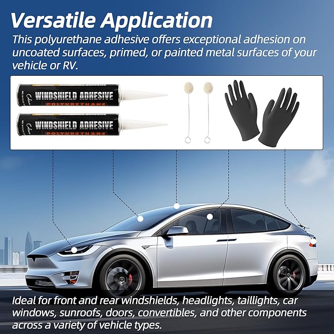 Calvana (2-Pack) Urethane Windshield Adhesive, Automotive Polyurethane Sealant, Car Glass Chip & Crack Repair Kit with 1 Pair Gloves, Quick Curing, Weather Resistant, Black, 310ml