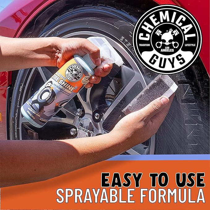 Chemical Guys Tire Kicker Sprayable Extra Glossy Tire Shine with Applicator (Works on Rubber, Vinyl & Plastic) Safe for Cars, Trucks, Motorcycles, RVs & More, 16 fl oz