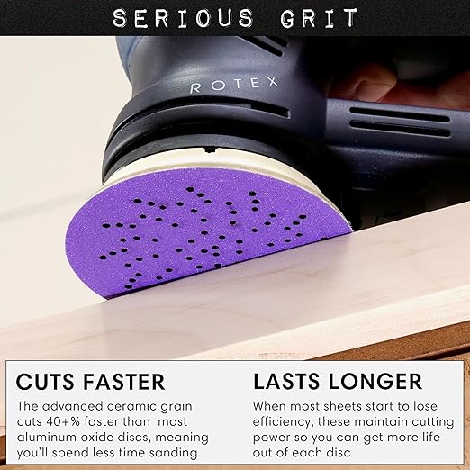 Serious Grit - 3.5-Inch (90mm) 150 Grit Sanding Discs - Advanced Ceramic Grain - Universal Multi-Hole Design Fits Festool RO 90 & Other 3.5 in RO Sanders - Heavy-Duty Hook & Loop Film Discs - 50 Pack
