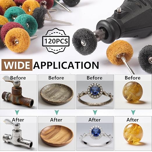 120 PCS Double-Layer Buffing Pads, Multi-Grit Abrasive Wheels (80/150/240/400) for Dremel & Drill | Yellow, Green, Red, Black Polishing Discs Kit