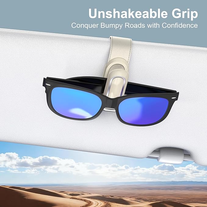 Veharvim Sunglass Holder for Car (One-Handed-Operation, Gentle & Secure Hold, Silicone Padded, Universal Fit, Metal Clip) Visor Sunglass Holder Clip,Visor Sunglass Holder Car (Beige, 2 Pack)