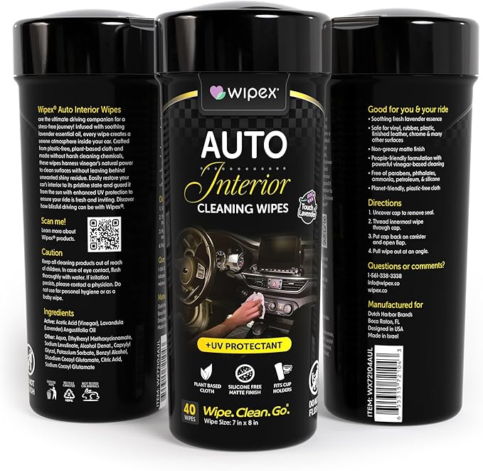 Wipex Auto Interior Car Cleaning Wipes - Plant Based Car Wipes - Lavender Essence, Safe for Vinyl, Rubber, Plastic, Leather, Chrome, Non-Greasy Matte Finish, UV Protectant, 40Ct Car Detailing Supplies