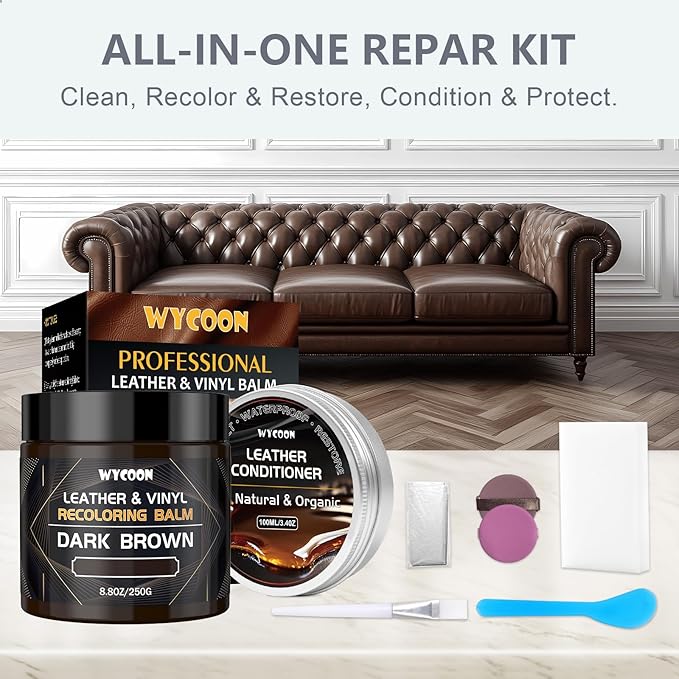 WYCOON Leather Recoloring Balm with 100ml Mink Oil Conditioner | Dark Brown Repair Kit, Dye & Color Restorer for Furniture, Sofa Car Seats, Bags | Restore Faded & Scratched Surfaces