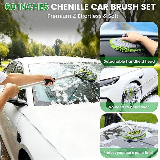 Car Wash Brush with Long Handle, 60'' Car Wash Mop, 7Pcs Chenille Microfiber Cars Washing Kit with Window Squeegee/Microfiber Towels /Wheel Brush for Cars RV Truck Boat Floor Window, Green
