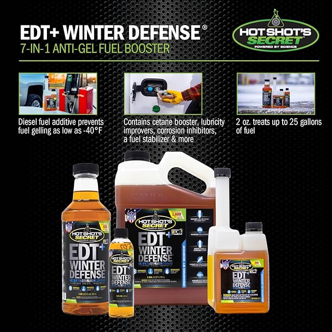 Hot Shot's Secret EDT+ Winter Defense 32oz, 7-in-1 Anti-Gel Diesel Fuel Additive – Prevents Gelling, Protects Fuel System, Diesel Additive Improves Cold Starts, Boosts Cetane