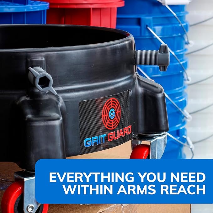 GRIT GUARD Bucket Dolly with Wheels - Rolling Detailing Wash Bucket with 5 Wheels and 2 Locking Casters Compatible with 2.5, 4, 5 and 6 Gallon Buckets (Blue, 2" Red Casters)