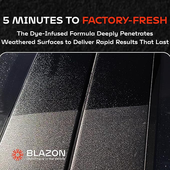 BLAZON Black Trim Restorer – Dye-Infused Plastic Restorer for Faded Exterior Trim, Deep Black Finish, Scratch Correction, Long-Lasting Durability & UV Protection - 8 oz