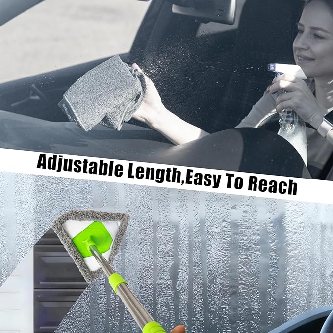 Car Windshield Squeegee Cleaning Tool - Vehicle Window Cleaner with 4 Reusable Washable Microfiber Pads, Telescoping Handle (13" - 16.7"), 180° Rotatable for Both Interior and Exterior Car Glass.