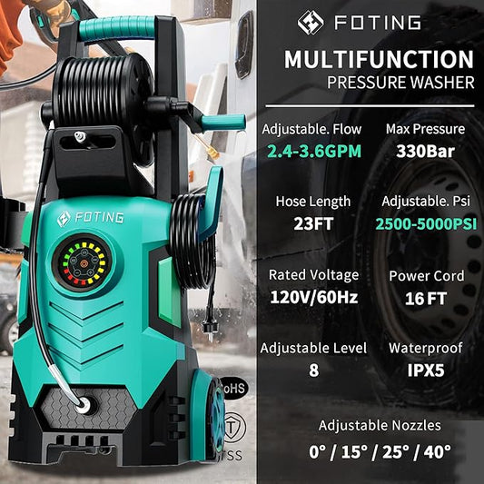 2026Upgraded Pressure Washer 5000PSI with Adjustable Touch Screen 8 Level, 34" Tall, 4 Quick Connect Nozzles,Inlet Hose&Filter&500mlFoam Cannon for Cars/Fences/Driveways/Home Cleaning,Green