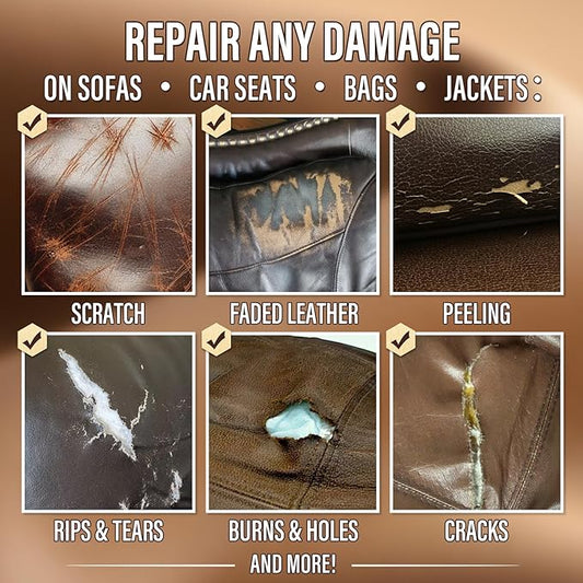 KIKYO Brown Leather Repair Kit, Artificial Leather Couch Repair Kit for Furniture, Chair, Sofa, Jacket, Purse, Belt, Color Match Repair Kit for Scratches, Tears, Holes on Vinyl, Genuine & Faux Leather