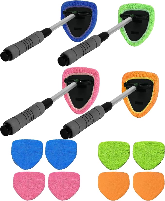 Windshield Cleaner Tool With Reusable Microfiber Pads - Car Window Glass Wiper Kit With Extendable Handle for Cleaning (1, Blue)
