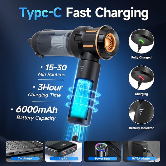 Nvrtio Portable Cordless Mini Car Vacuum Cleaner 16KPa - 80000RPM Brushless Motor Handheld 4-in-1 Compressed Air Duster & Air Blower & Pump Hand Held Vacuum for Car, Home, Office, Camping, Pet