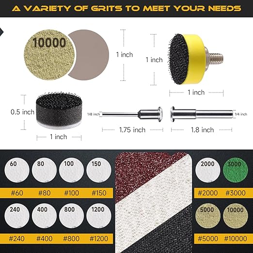 365 PCS 1 Inch Sanding Disc, GOH DODD Hook and Loop 60 to 10000 Grit Wet Dry Sandpaper Micro Sand Paper with 1/8" 1/4" Shank, Backing Pad, Foam Pads for Auto Metal Glass Resin Wood Polishing Sanding