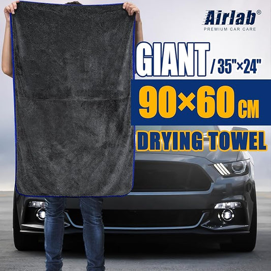 Airlab Microfiber Towels for Cars Wash Drying Extra Large Super Absorbent Cleaning Cloth Auto Detailing Ultra Soft, Lint-Free, Streak-Free, 35 x 24 Inch, Pack of 1, Grey-Blue, 600 GSM