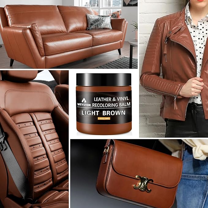 Leather Recoloring Balm - Light Brown Leather Repair Kit for Furniture, Dye, Recolor, Renew, Repair & Restore Aged, Faded, Cracked, Peeling and Scuffed, Car Care