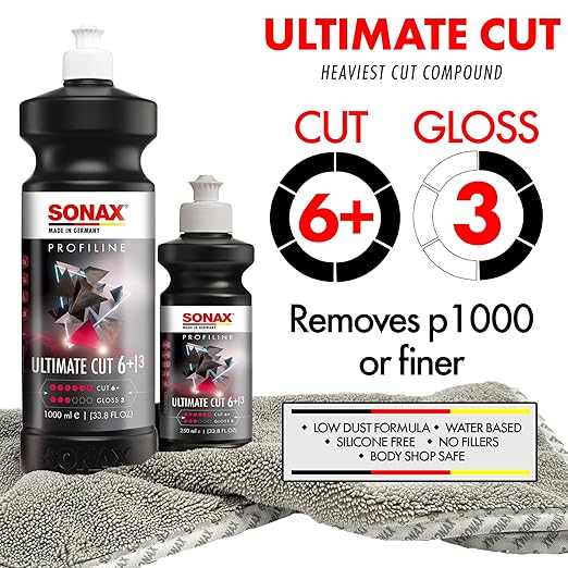 SONAX Ultimate Cut | Strong Abrasive Compound | Removes p1000 or Finer | Water Based Polish/Compound | Step 1 Compound | Removes Deep Scratches | Removes Sand Scratches | 1L | 239300