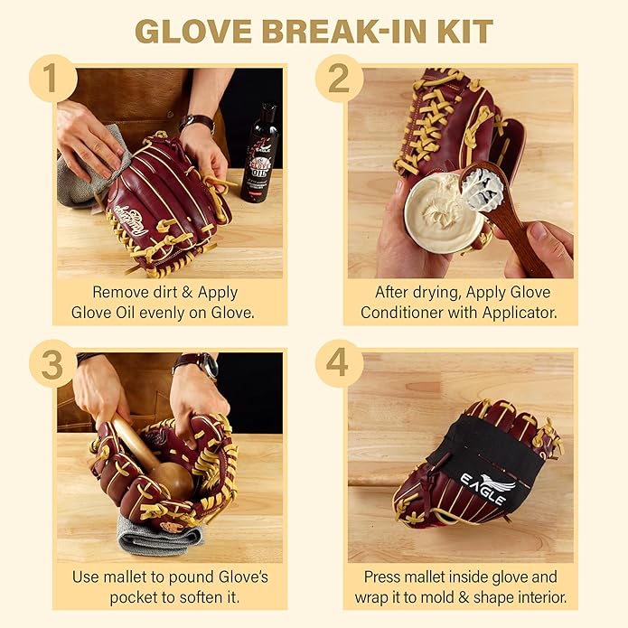Eagle Glove Break in Kit - Glove Oil (8.45oz), Conditioner (3.38oz), Wrap, Mallet, Applicator & Cloth, 6-Pieces Set for Baseball Gloves, Softball Gloves