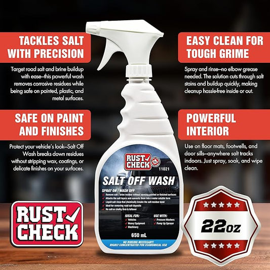 Rust Check Salt Off Wash - Car Salt Remover and Jet Ski Cleaner - Boat Wash and Outboard Motor Flusher - Multi-Surface and Driveway Salt Wash - Exterior Washdown Solution - 22 Fl Oz - Spray Bottle