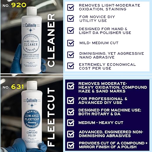 Collinite 631 Fleetcut- Marine/RV Compound + Polish. for Rotary & DA Use. Quickly Removes Heavy Oxidation/Hard Water Spots from Gelcoat/Fiberglass & Restores Color/Gloss in One Step. (16 fl oz)