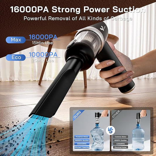 helloleiboo Handheld Car Vacuum Cleaner 16000PA Car Vacuum Portable Cordless 120W High Power 4-in-1 Mini Vacuum Cleaner Rechargeable & Air Duster Multi-Nozzles for Home Office Pet(Black)