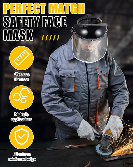 Copkim Safety Face Shield for Grinding and Cutting with 10 Pcs Replacement Clear Visor Full Impact Resistant Face Shield Protection Mask for Work Construction Weed Whacking Woodworking (Aluminum Edge)