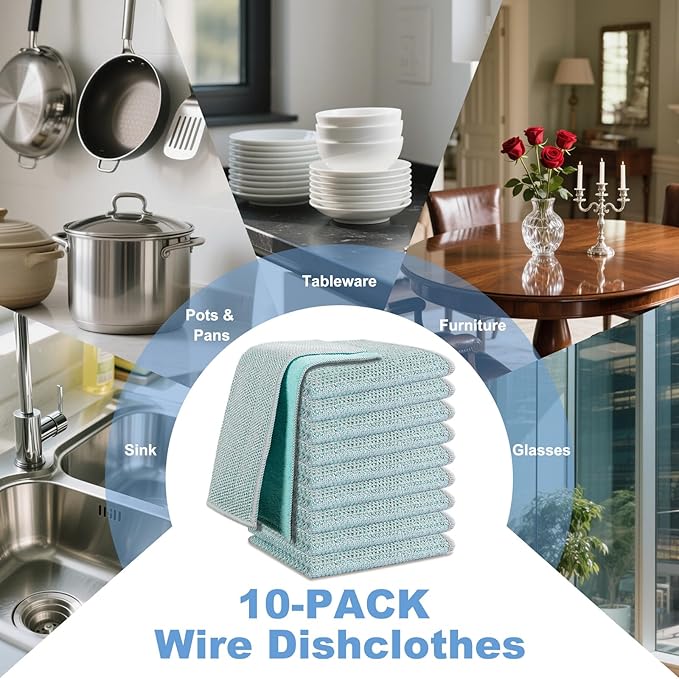TIVERAIN 10pcs New Upgrade 2-Layer Microfiber Wire Dishcloth,Non-Scratch Wire Dishwashing Rags for Wet and Dry,Metal Scrubbers, Kitchen Miracle Cleaning Dish Rags for Cookware,Sinks, Dishes,Stove,Blue
