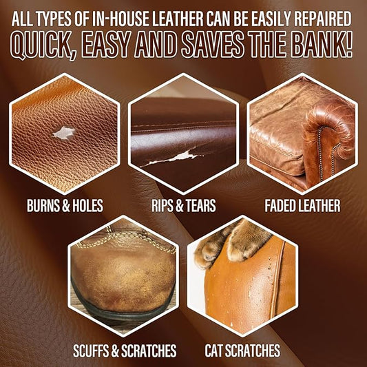 Brown Leather & Vinyl Repair Kit, Leather Repair Kit for Sofa, Jacket, Car Seats, Purse, Easily Restores Cat Scratch, Rips, Tears, Cracks, Holes on Faux, Artificial, Genuine Pleather & Any Material