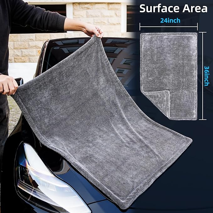 aokway Car Drying Towel from No Streaks, Scratches, or Water Spots - Large Premium 1300 GSM Microfiber - Double Twist Pile & Edgeless Design for Quick & Effortless Dry - 24” x 36”(1 Pack)