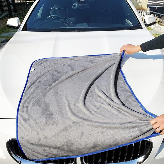 SHSCLY Car Drying Towels, Microfiber 2-Pack (29"x33"), Ultra Absorbent & Scratch-Free, Thick Twist Pile for Auto Detailing & Water Removal, Grey with Blue Trim