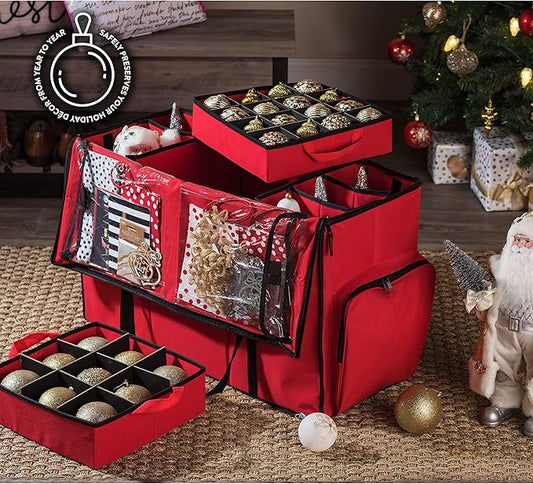 ZOBER All in One Christmas Ornament Storage Box & Decoration Container - Easy Access Removable Trays, Keeps 73 Ornaments - Adjustable Extent Area for Figurines and Pockets for Decoration - Red