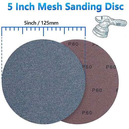5 Inch Premium Ceramic Mesh Sanding Discs 50 PCS, 60/80/120/180/240 Grit, Dust Free Hook and Loop Round Anti-Clogging Sandpaper Disc for Random Orbital Sander