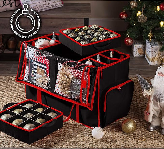 ZOBER All in One Christmas Ornament Storage Box & Decoration Container - Easy Access Removable Trays, Keeps 73 Ornaments - Adjustable Extent Area for Figurines and Pockets for Decoration - Black