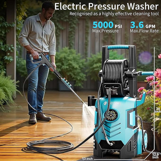 2026Upgraded Pressure Washer 5000PSI with Adj-8-Level Touch Screen, 34" Tall Power Washer, 4 Quick Connect Nozzles, Inlet Hose&Filter&500mlFoam Cannon for Cars/Fences/Driveways,Blue