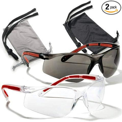Safety Glasses Eye Protection - Comfort Eyewear - 2 Pair, 2 Neck Cords, 2 Cases - SuperLite and Super Clear Lens Technology, Z87.1 - CE 166 Certified