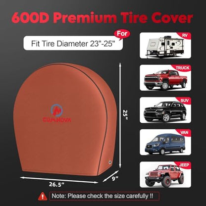 Comnova RV Tire Covers 4 Pack - 600D Tough Tire Wheel Cover Protector for RV, Truck, SUV, Trailer, Camper, Boat and Van, Waterproof & Heavy Duty Tire Cover, Fits Tire Diameters 23-25 Inch