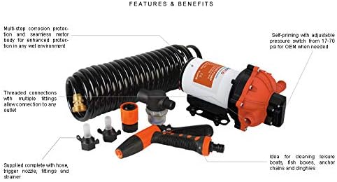 SEAFLO 55-Series Washdown Pump Kit - 12V DC, 5.5 GPM, 70 PSI, Self-Priming, Coiled Hose, Spray Nozzle, High Flow for RV, Boat, Off-Grid, Freshwater, and Saltwater Applications 4-Year Warranty