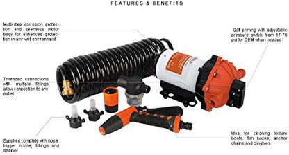 SEAFLO 55-Series Washdown Pump Kit - 12V DC, 5.5 GPM, 70 PSI, Self-Priming, Coiled Hose, Spray Nozzle, High Flow for RV, Boat, Off-Grid, Freshwater, and Saltwater Applications 4-Year Warranty