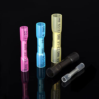 Heat Shrink Butt Connectors, 16-14 AWG 100Pcs Blue Waterproof Electrical Crimp Wire Splice for Marine, Cable, Wiring
