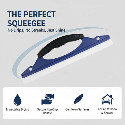 2-Pack Professional Silicone Squeegee, 12-Inch Flexible Water Blade for Streak-Free Car Wash & Glass Cleaning, Safe on Paint & Chrome, Blue