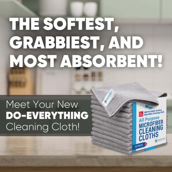 MW PRO Premium Microfiber Cleaning Cloths (12 Pack, 12x12, Grey) - Streak Free Stainless Steel & Glass Towels - Ultra Soft Cleaning Cloths for Screens, Granite & Modern Home - Washable & Reusable